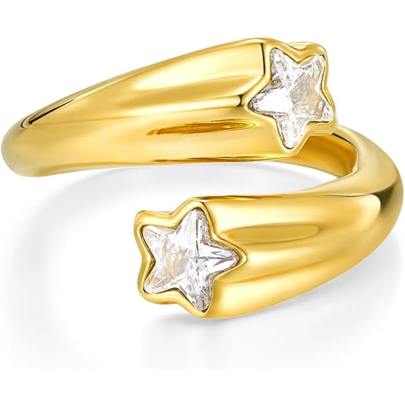 Gold Tone Adjustable Open Ring with Star CZ Accent for Women, Chunky Fashion Ring