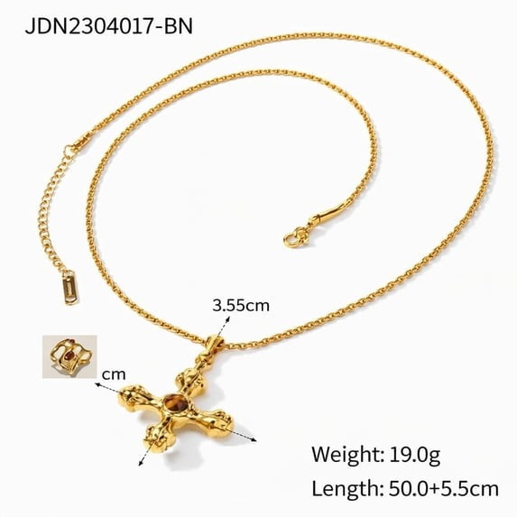 SNGIA Gold Tone Cross Pendant Necklace for Women, Adjustable Chain, Brown Accent Stone, 50+5.5 cm