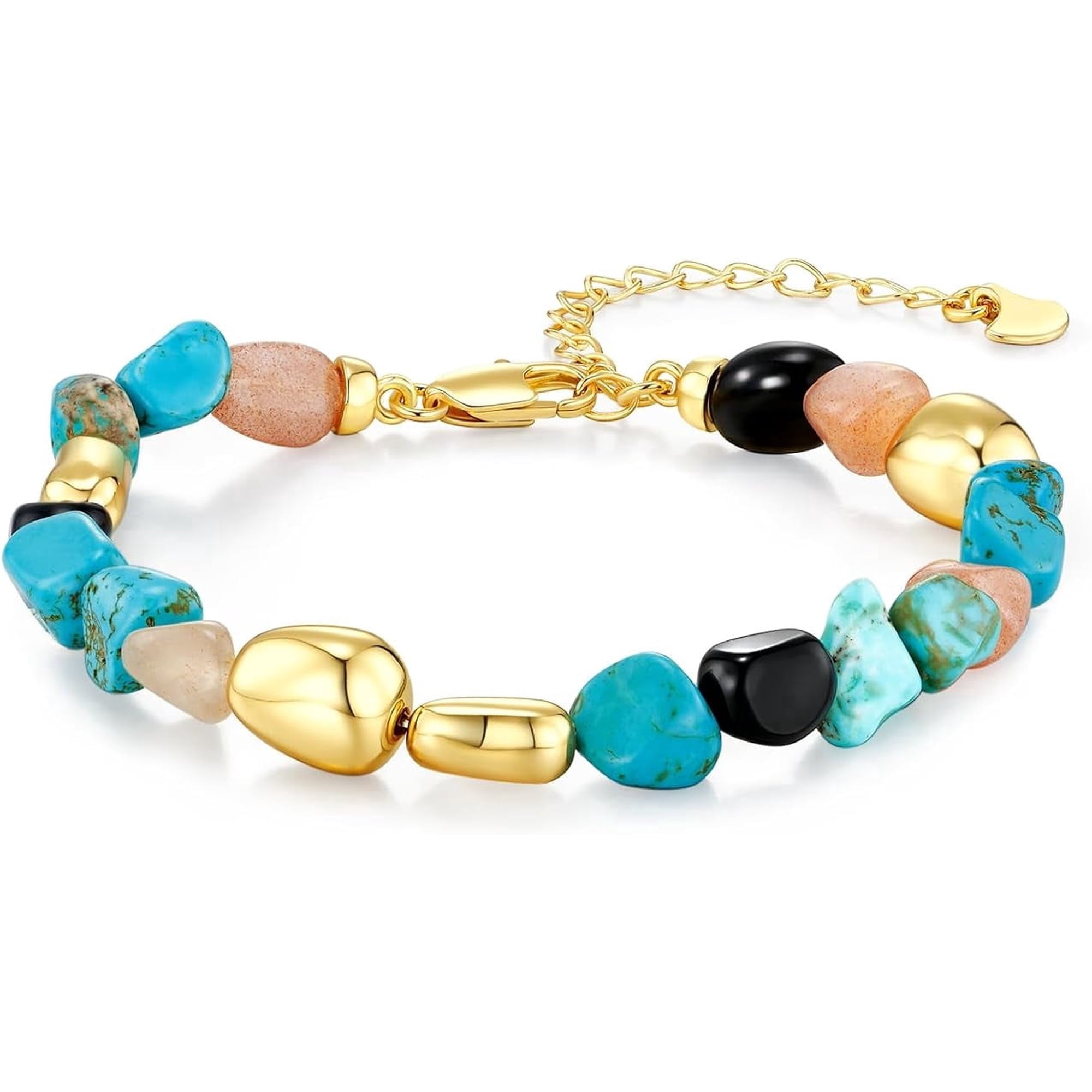 Gold Tone Turquoise Beaded Adjustable Bracelet for Women, Multicolor Statement Jewelry