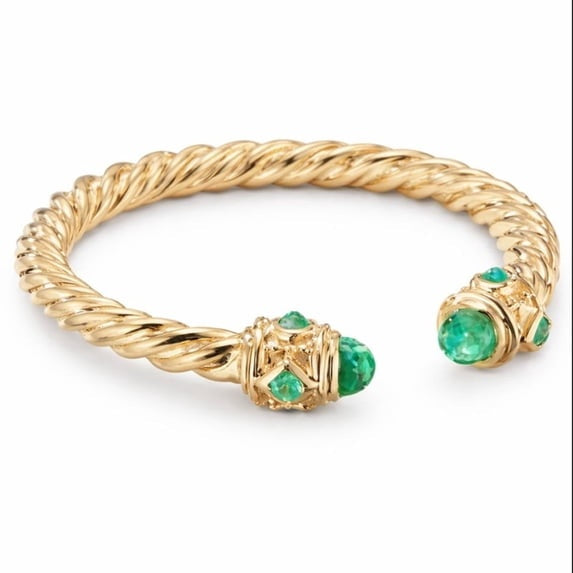 Gold Tone Twisted Cuff Bracelet with Green Round and Marquise Crystal Accents