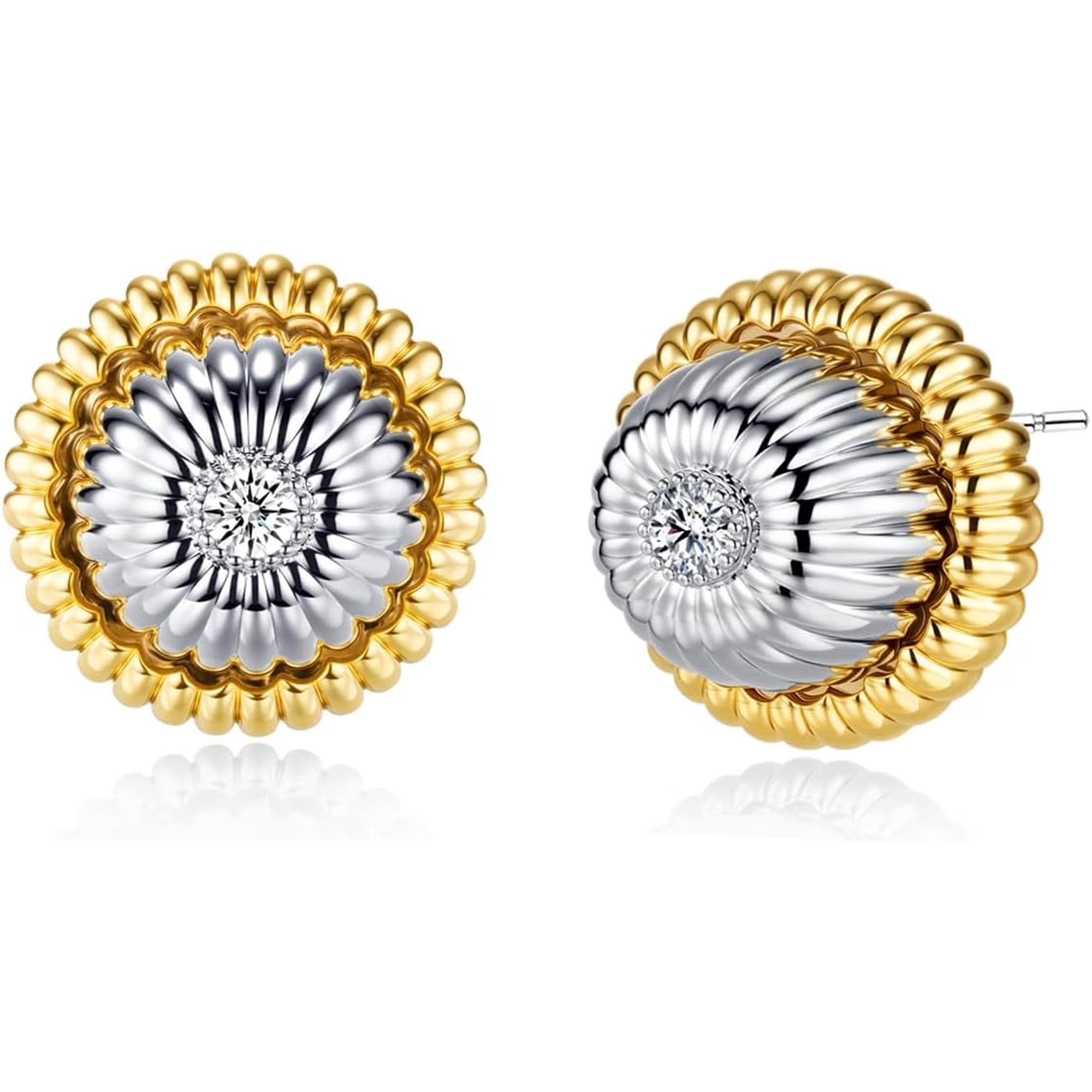 SNGIA Gold and Silver Tone Stud Earrings for Women with CZ Center, Ribbed Floral Statement Style