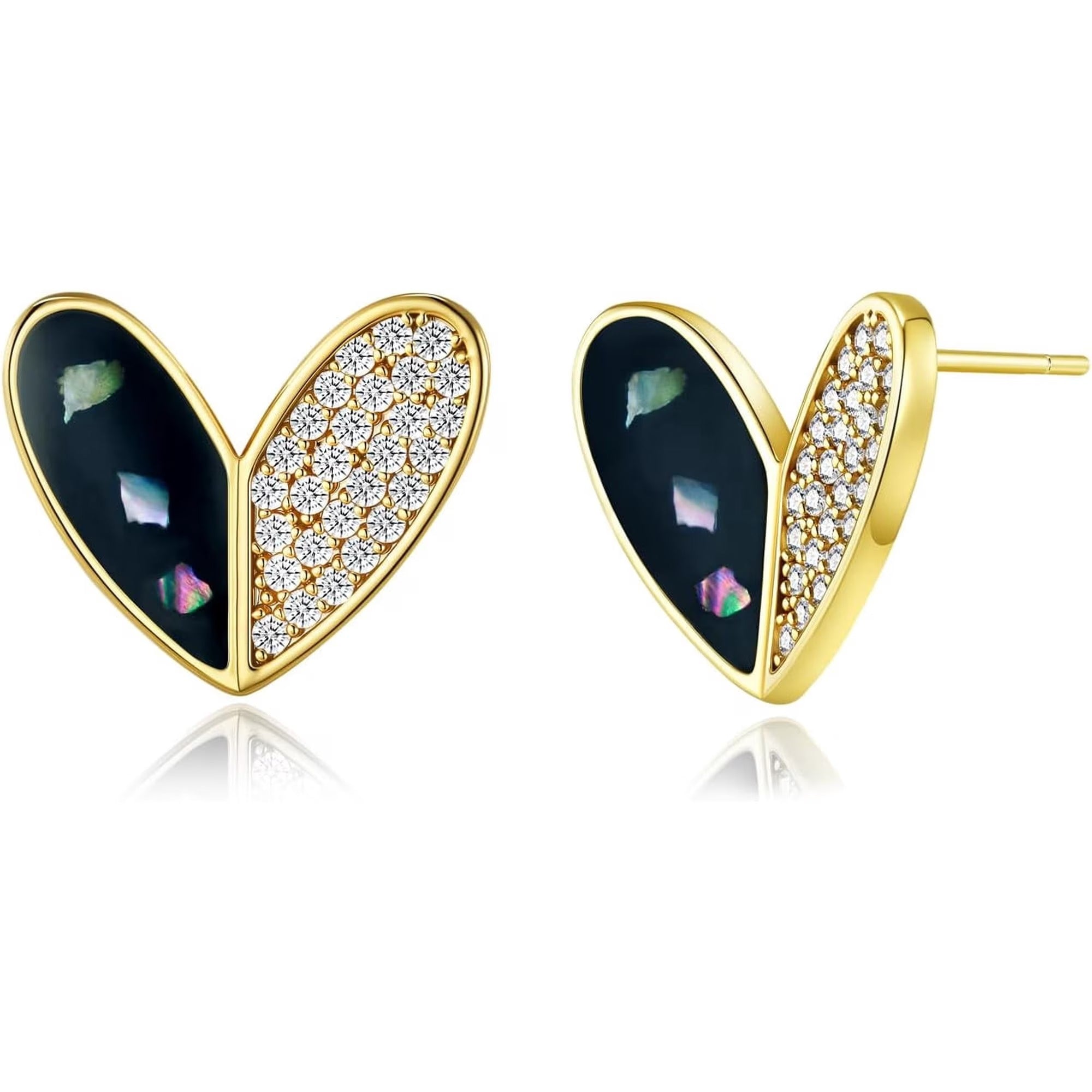 SNGIA Heart Stud Earrings for Women, 14K Gold Plated, Dark Abalone and Cubic Zirconia