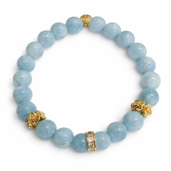 Light Blue Beaded Stretch Bracelet with Gold Tone Floral Charms for Women