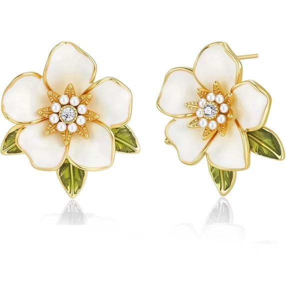SNGIA White Enamel Floral Stud Earrings with Green Leaf Detail, 18K Gold Plated, CZ Accent