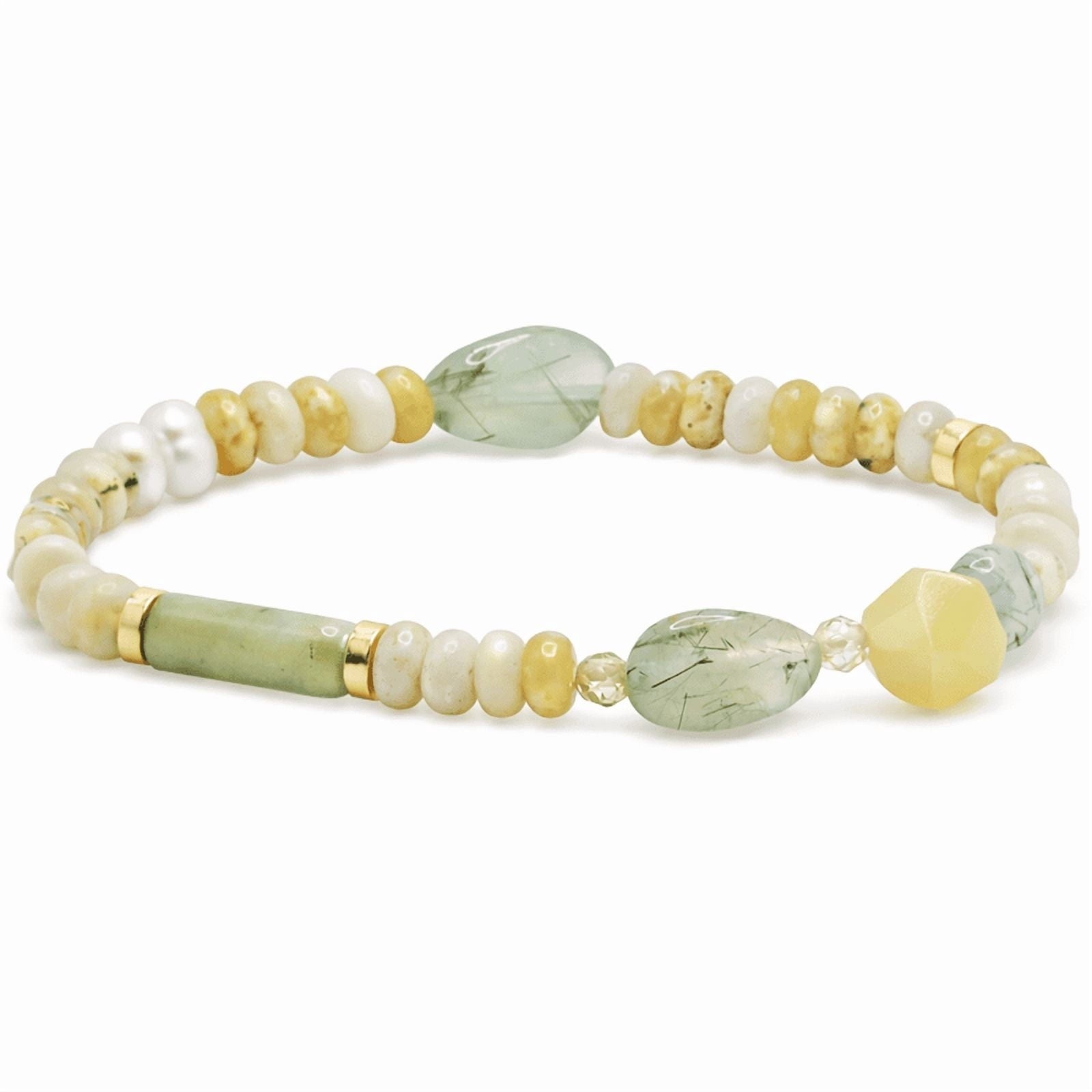 Women’s Multi Bead Stretch Bracelet with Green Oval Beads and Yellow Accents