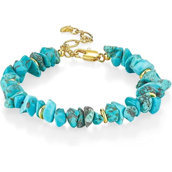 Women's Turquoise Color Chip Bead Bracelet with Gold Tone Chain and Lobster Clasp