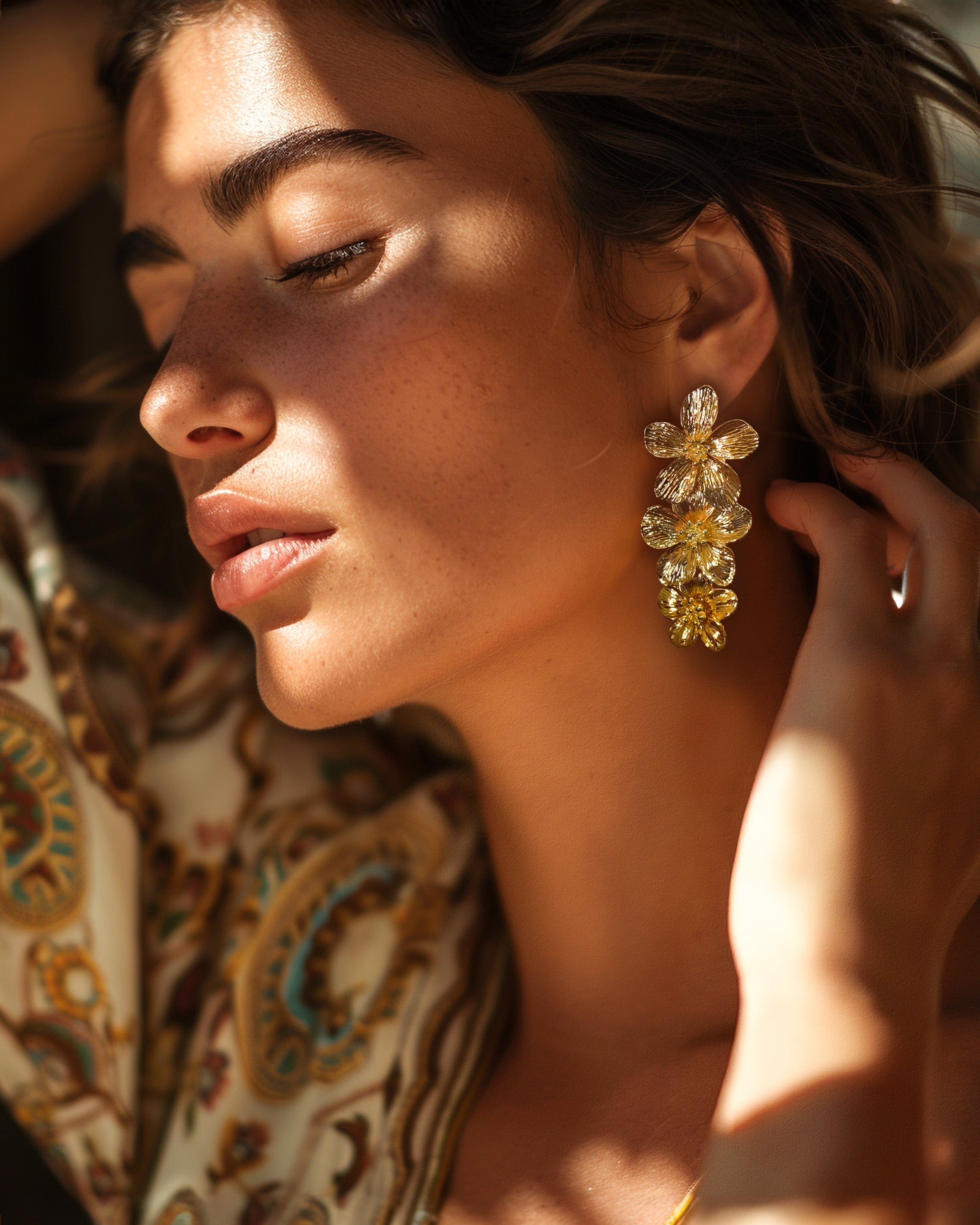 3 Tiered Floral Dangle Earrings - Gold