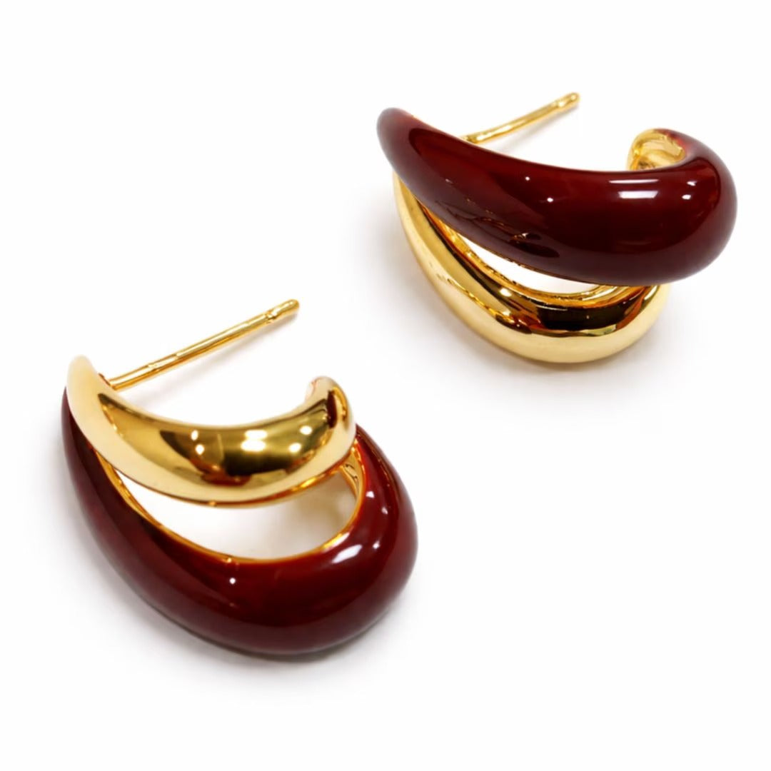 Women’s Burgundy and Gold-Tone Double Hoop Stud Earrings, Layered, Rounded Statement Fashion Jewelry