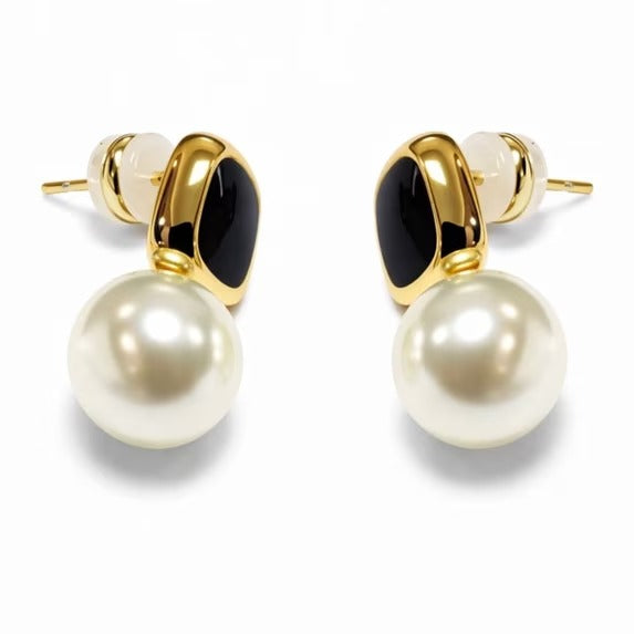 Women’s Gold-Tone Black Accent Faux Pearl Drop Stud Earrings for Party, Wedding, and Daily Wear
