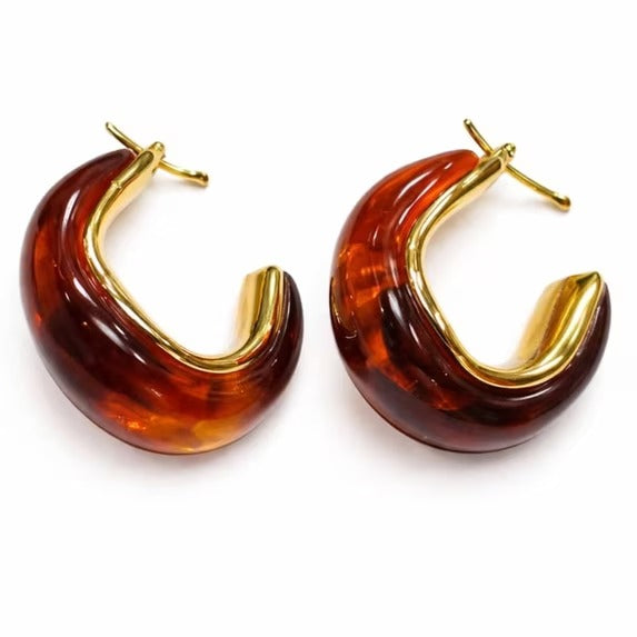 Women’s Gold Tone Hoop Earrings with Amber Resin Accent, Curved Statement Fashion Jewelry