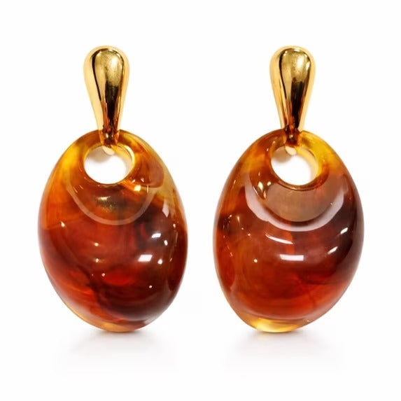 Women’s Gold-Tone Oval Drop Earrings with Amber-Look Resin Dangle Design