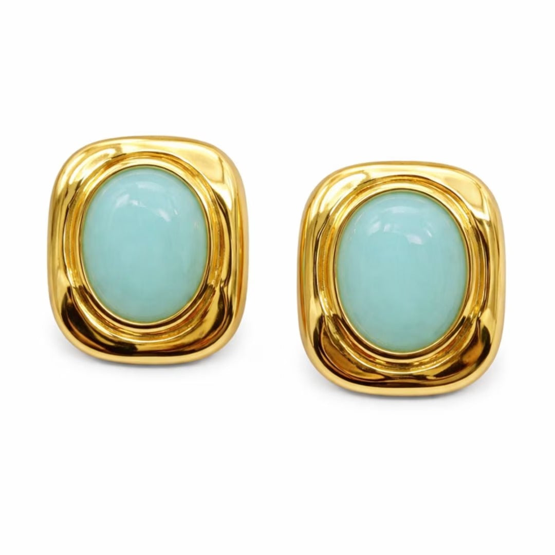Women’s Gold-Tone Oval Stone Statement Earrings, Turquoise Brown Light Blue Cabochon Studs