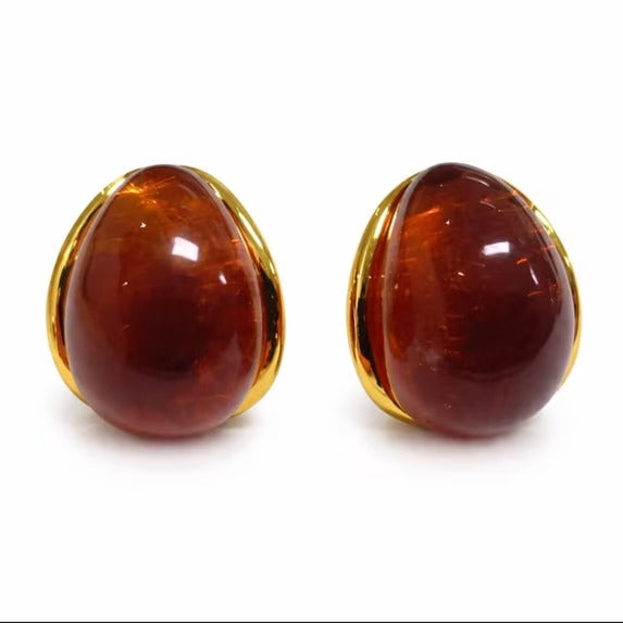 Women’s Gold-Tone Oval Stud Earrings with Amber Color Resin Stone Statement Jewelry