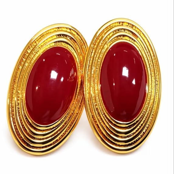 Women’s Gold-Tone Oval Stud Earrings with Burgundy Center Stone Statement Jewelry