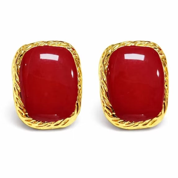 Women’s Gold Tone Rectangle Stud Earrings with Red, Black, and Butter Color Options
