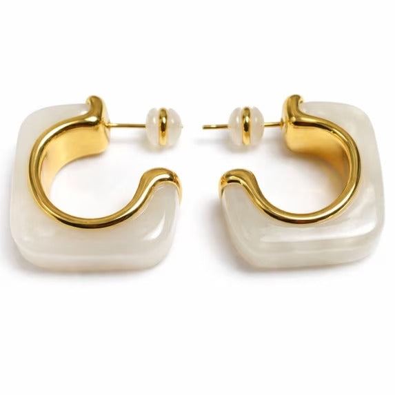 Women’s Gold Tone Square Hoop Earrings with Resin Accent, Ivory Amber Smoky Gray, 3 Color Options