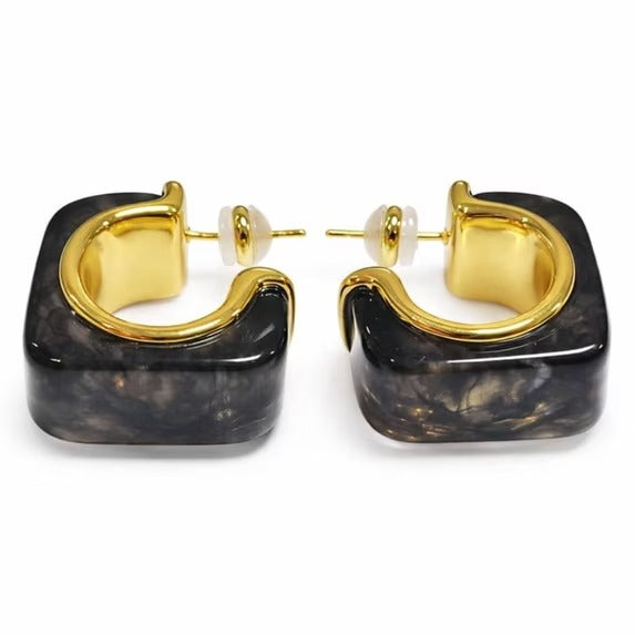 Women’s Gold Tone Square Hoop Earrings with Resin Accent, Ivory Amber Smoky Gray, 3 Color Options