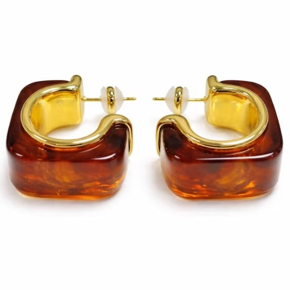 Women’s Gold Tone Square Hoop Earrings with Resin Accent, Ivory Amber Smoky Gray, 3 Color Options