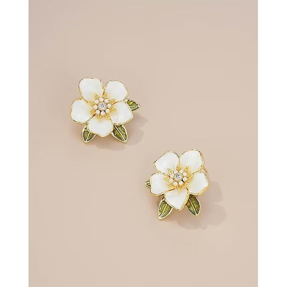 SNGIA White Enamel Floral Stud Earrings with Green Leaf Detail, 18K Gold Plated, CZ Accent