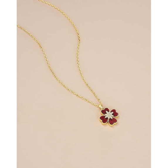 SNGIA 18K Gold Plated Red Floral Pendant Necklace with CZ Accent, Adjustable Bohemian Style