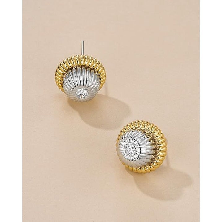 SNGIA Gold and Silver Tone Stud Earrings for Women with CZ Center, Ribbed Floral Statement Style