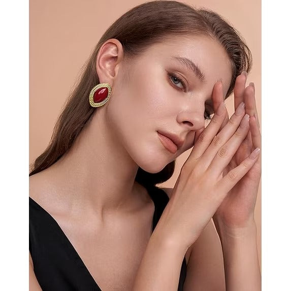 SNGIA 18K Gold Plated Oval Stud Earrings for Women with Resin Center and Braided Frame