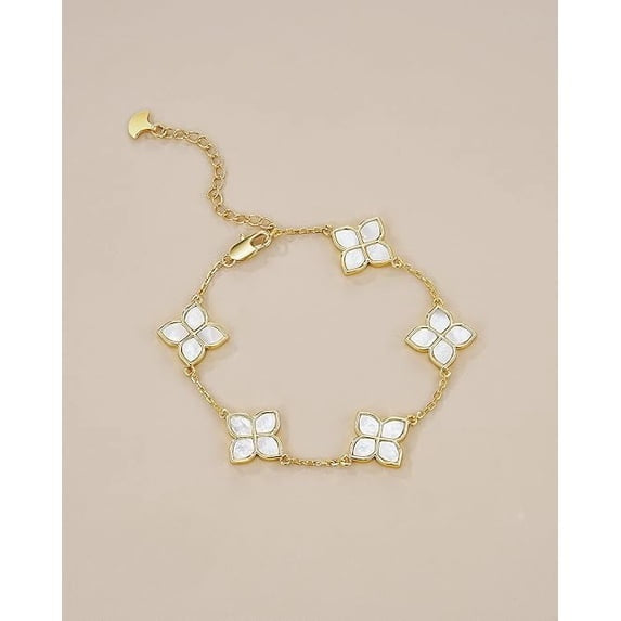 18K Gold Plated Mother of Pearl Clover Station Bracelet for Women, Adjustable Floral Link