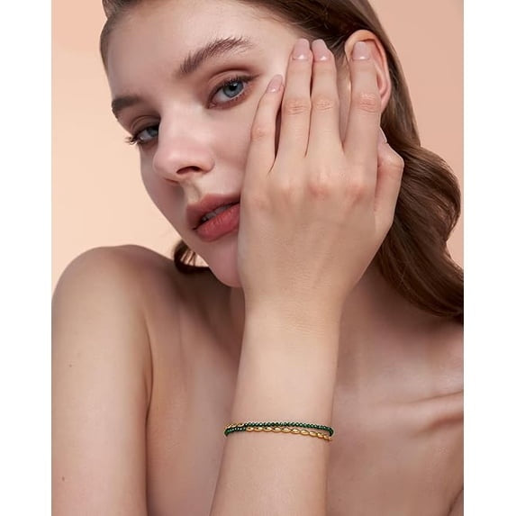 Adjustable Gold Beaded Bracelet with Green Crystal Accents for Women