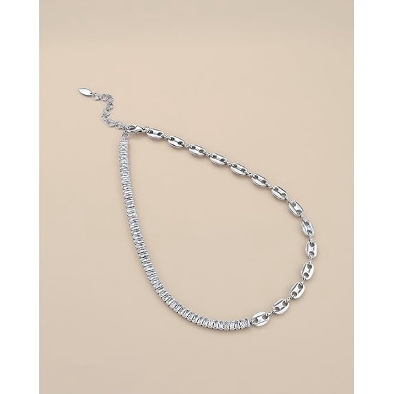 SNGIA Silver Plated CZ Half Tennis Link Choker Necklace for Women, Statement Chain Jewelry
