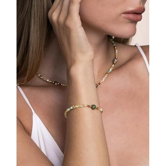 Adjustable Natural Stone Beaded Bracelet for Women, 18K Gold Plated Multicolor Chain Bracelet