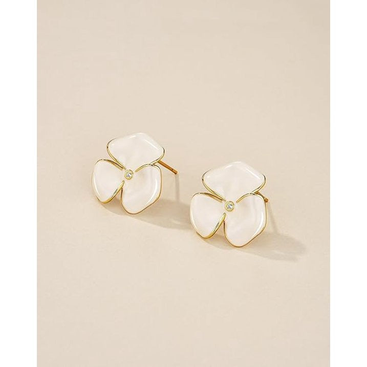 SNGIA 18K Gold Plated Floral Stud Earrings, Enamel Petal Design with CZ Accent for Women