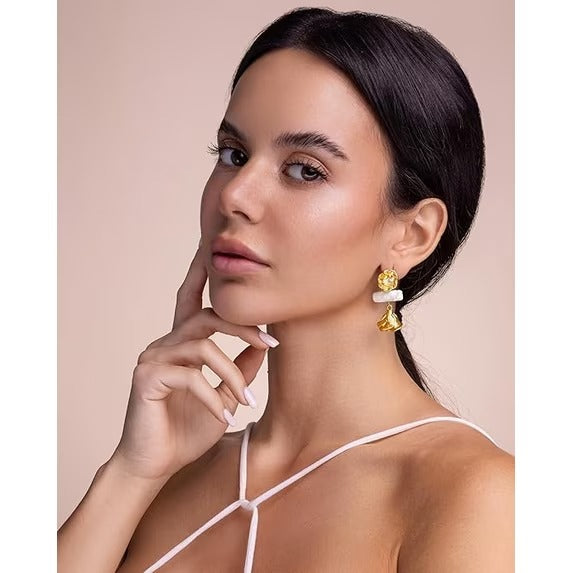 SNGIA 18K Gold Plated Floral Pearl Dangle Earrings for Women, Rose Petal Statement Drop Earrings