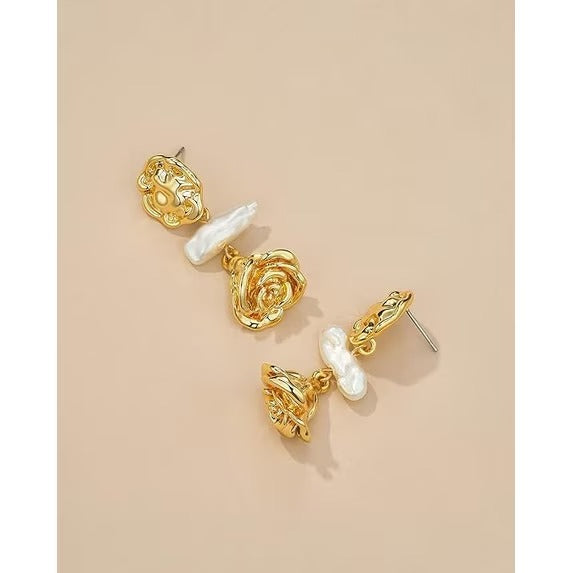 SNGIA 18K Gold Plated Floral Pearl Dangle Earrings for Women, Rose Petal Statement Drop Earrings