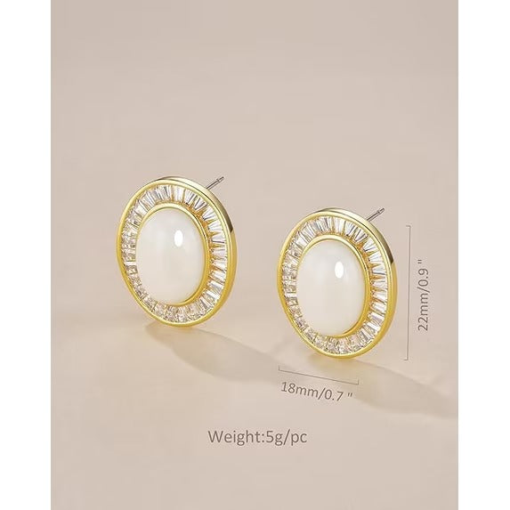 SNGIA 18K Gold Plated Oval Stud Earrings with CZ Halo, Statement Button Earrings for Women
