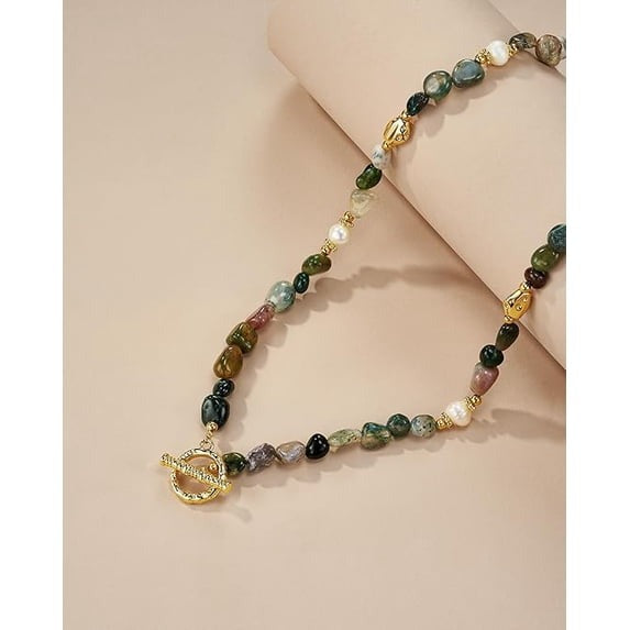 SNGIA 18K Gold Plated Multicolor Natural Stone Beaded Choker Necklace for Women