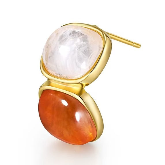 Gold Tone Double Cabochon Stud Earrings for Women, White and Orange Stone Look Design
