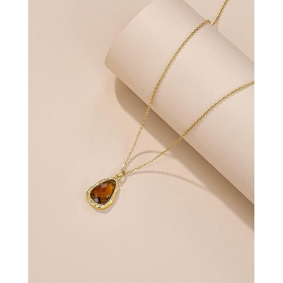 SNGIA 18K Gold Plated Teardrop Pendant Necklace for Women, Adjustable Chain, Amber
