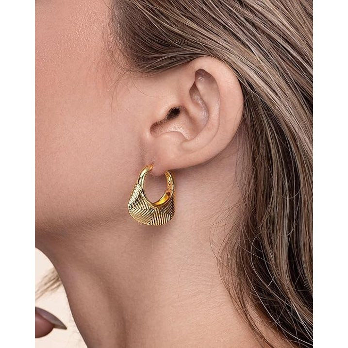 SNGIA 18K Gold Plated Textured Hoop Earrings for Women, Chunky Braided Statement Style
