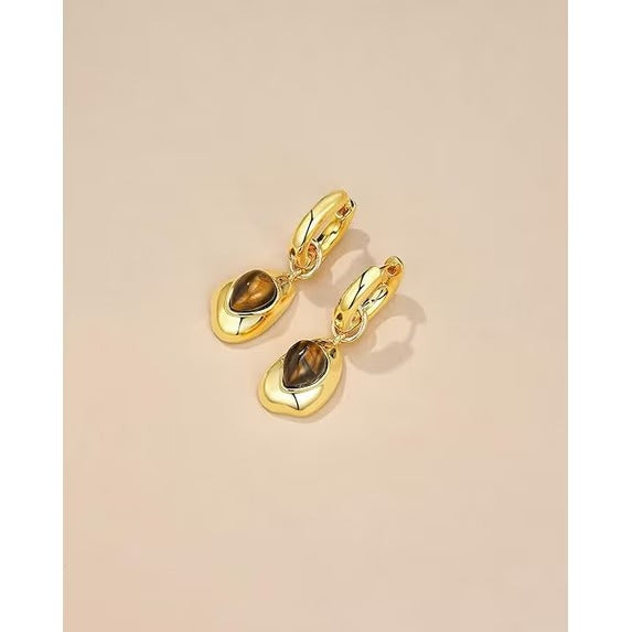 SNGIA 18K Gold Plated Tiger Eye Drop Earrings for Women, Irregular Geometric Dangle Hoops