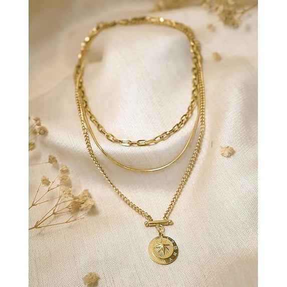 SNGIA Gold Layered Necklace for Women with Medallion Pendant, 3 Chain Fashion Necklace
