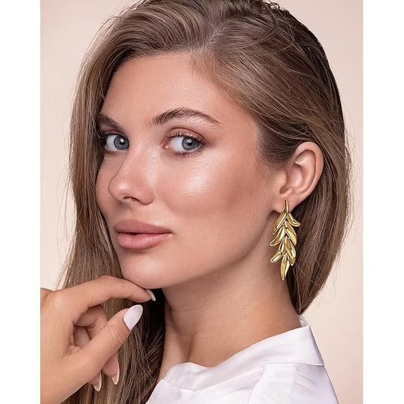 SNGIA 18K Gold Plated Leaf Dangle Earrings for Women, Two-Tone Floral Statement Design