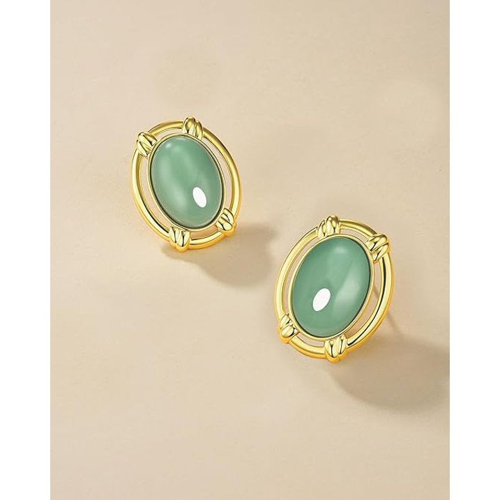 SNGIA Gold Plated Oval Olive Gemstone Stud Earrings Large Statement Button Design