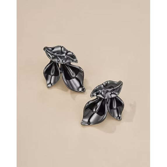 SNGIA 18K Gold Plated Two Tone Floral Dangle Earrings for Women, Grey Obsidian Petal Design