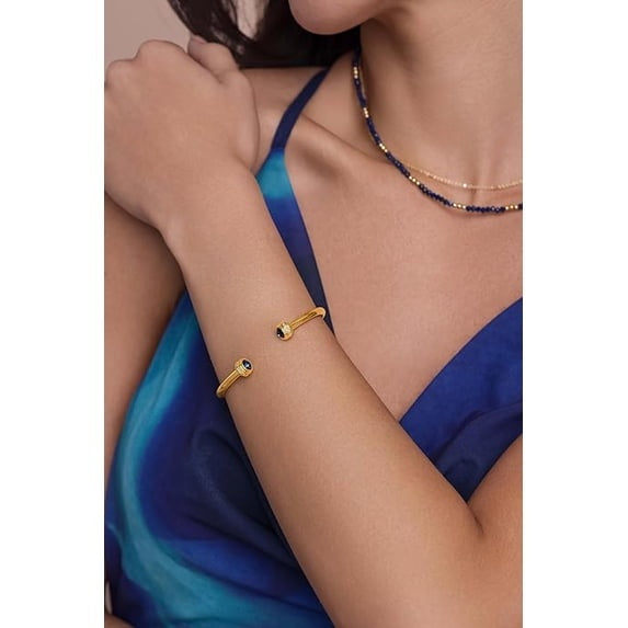 Gold Plated Open Cuff Bangle Bracelet with Blue CZ Accents for Women