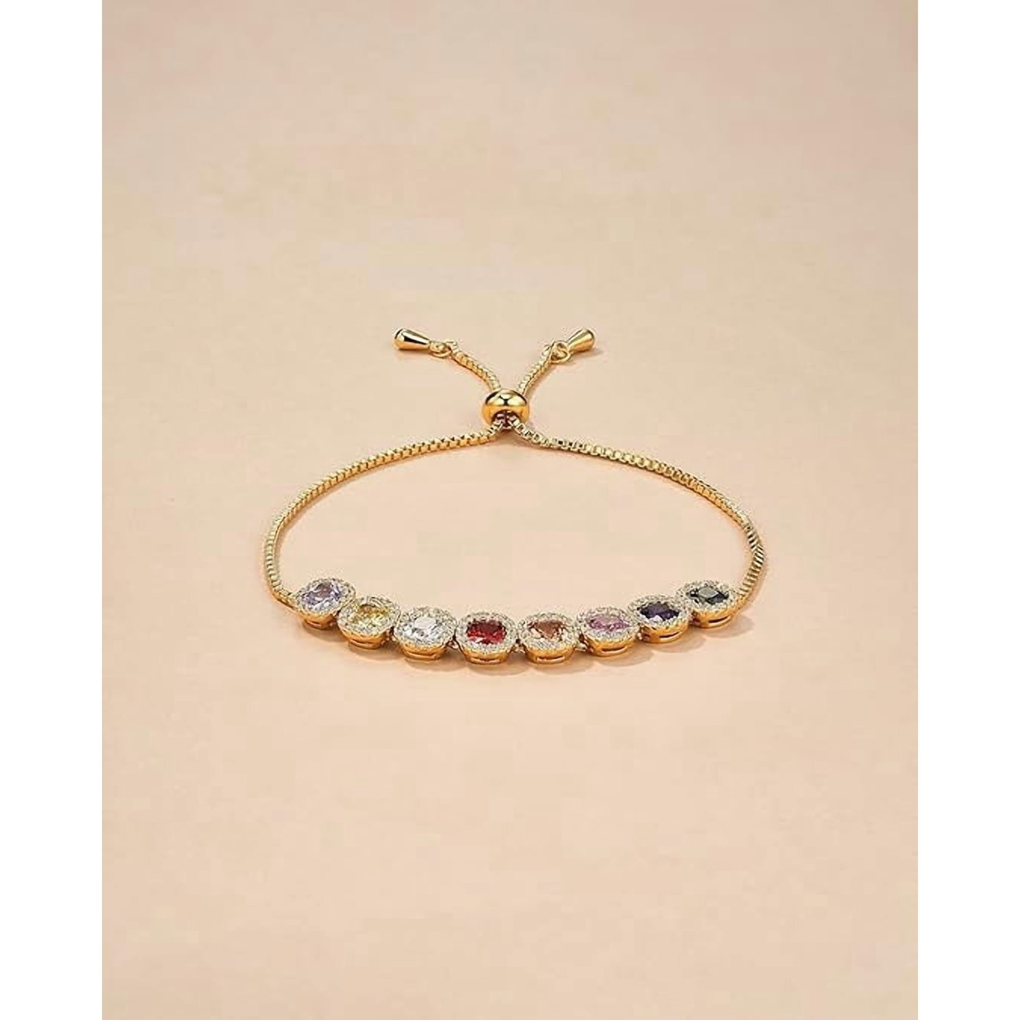 Gold Tone Adjustable Multicolor CZ Floral Tennis Bracelet for Women