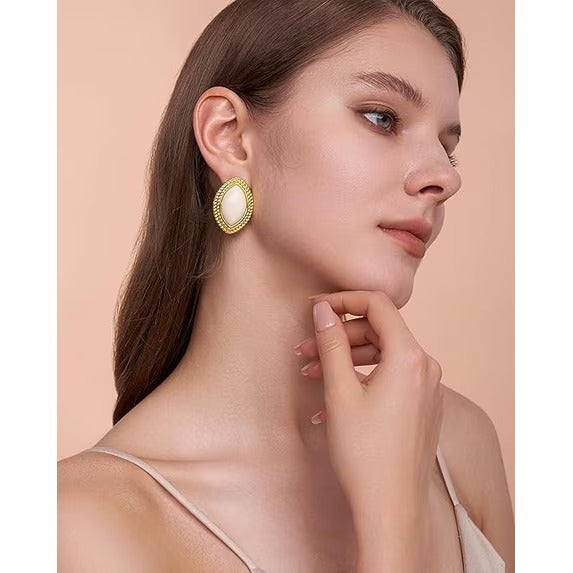 SNGIA 18K Gold Plated Oval Stud Earrings for Women with Resin Center and Braided Frame