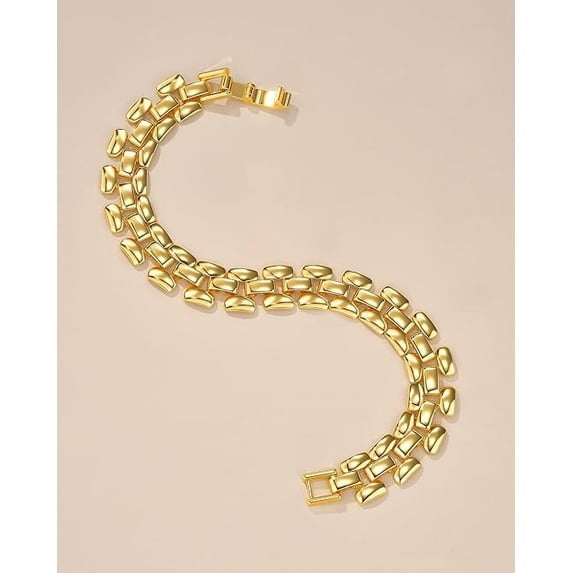 Chunky 18K Gold Plated Link Chain Bracelet for Women Textured Ribbed Statement Jewelry