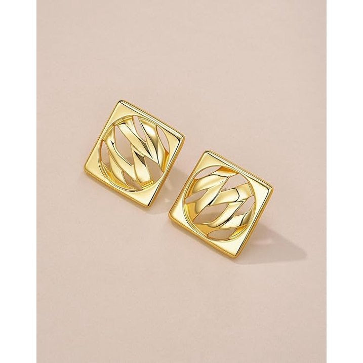 SNGIA 18K Gold Plated Square Stud Earrings for Women with Textured Leaf Design