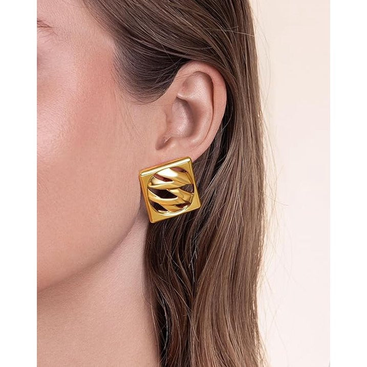 SNGIA 18K Gold Plated Square Stud Earrings for Women with Textured Leaf Design
