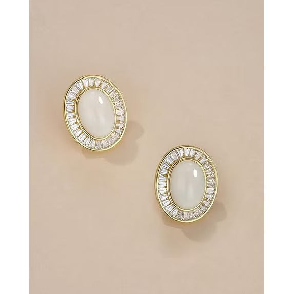 SNGIA 18K Gold Plated Oval Stud Earrings with CZ Halo, Statement Button Earrings for Women